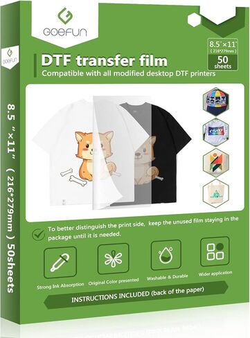 ورق فيلم نقل Goefun DTF - A4 (8.3 بوصة × 11.7 بوصة) للتسامي 50 ورقة، ورق نقل حراري PET بلمسة نهائية غير لامعة على الوجهين للطباعة المباشرة على الفيلم على منسوجات القمصان in Kuwait