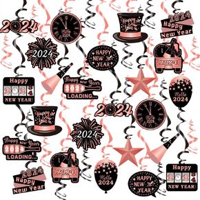 30 قطعة من ديكورات السنة الجديدة السعيدة من كويموي، ديكورات السنة الجديدة السعيدة 2024، شرائط العد التنازلي للعام الجديد باللون الذهبي الوردي والاسود لحفلات ليلة رأس السنة in Kuwait