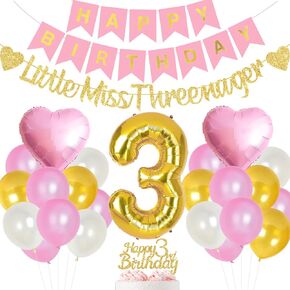 3rd Birthday Party Decorations for Girls Pink and Gold - Happy Birthday Banner Cake Topper, Gold Little Miss Threenager Garland, Large Number 3 Foil Balloon and Pink Heart Balloons