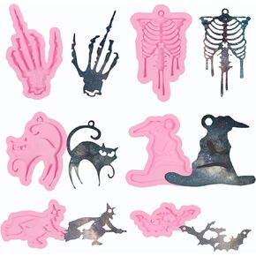 Skeleton Hand Resin Keychain Mold 6 Pcs, Halloween Skull Human Skeleton Bone Rib Shape Mold Halloween Cat Bat Witch Hat Mold for Epoxy Resin, Polymer Clay Crafts, Resin Ornament Molds in Kuwait