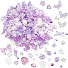 Kukiwhy 350 PCS 3D Resin ABS Colorful Rose Flower Bows Butterfly Charms with Flatback Half Round Pearl Beads for Bracelet Earring Necklace Craft DIY Making Supplies (Purple) in Kuwait