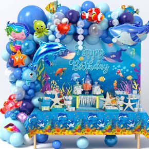 KELENO 138 Under the Sea Party Decorations Ocean Birthday Supplies Animal Blue Balloons Garland Arch Kit Backdrop Tablecloth Kid Boy Baby Shower Pool Beach Party Ocean Themed Party Decorations in Kuwait