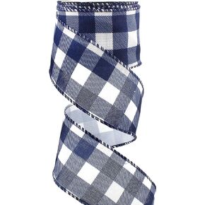 UnionJoy Navy Blue Plaid Check Wired Edge Ribbon, 2.5 Inch x 10 Yards Roll, Craft Ribbon for DIY Gift Wrapping Wreath Floral Arrangement Bow Decoration (Navy & White Check)