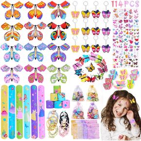 114 قطعة من هدايا الحفلات على شكل فراشة للبنات، هدايا الحفلات لعيد ميلاد الاطفال، فراشة طائرة سحرية، مشبك شعر، سوار وسوار وسوار سلسلة مفاتيح وخاتم فراشة، لوازم حفلات هدية للبنات in Kuwait