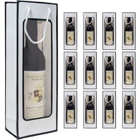 WAKAKO 12 Pcs Wine Gift Bags for Wine Bottles, Reusable Clear Window Wine Bottle Bags Bulk with Handles for Weddings, Birthday, Party, Christmas, Graduations, Thanksgiving (Black)
