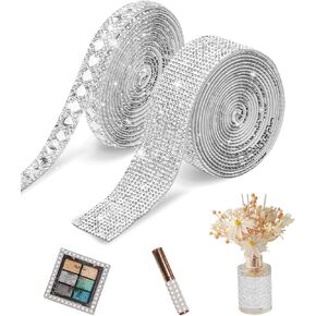شريط ألماس من حجر الراين الكريستالي ذاتي اللصق بطول 4.4 ياردة، ملصقات شريطية من الألماس الفضي اللامع للحرف الفنية، نمطان من الملابس المصنوعة من أحجار الراين الكريستالية DIY، والهاتف، والحقيبة، وديكور السيارة (كرتان) in Kuwait