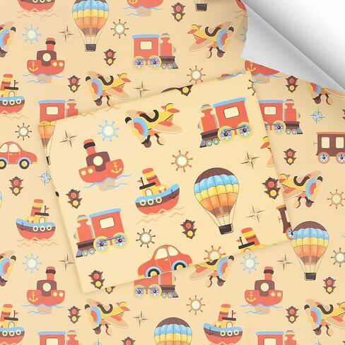Geluode Birthday Wrapping Paper for Boys Men Kids, Cartoon Car Boat Train Hot Air Balloon Plane Transport Brown Wrapping Paper 4 Sheets 20x28 Inches Per Sheet in Saudi Arabia