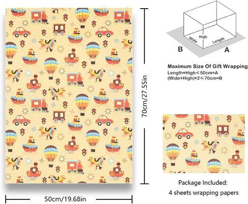 Geluode Birthday Wrapping Paper for Boys Men Kids, Cartoon Car Boat Train Hot Air Balloon Plane Transport Brown Wrapping Paper 4 Sheets 20x28 Inches Per Sheet in Saudi Arabia