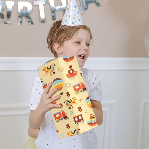 Geluode Birthday Wrapping Paper for Boys Men Kids, Cartoon Car Boat Train Hot Air Balloon Plane Transport Brown Wrapping Paper 4 Sheets 20x28 Inches Per Sheet in Saudi Arabia