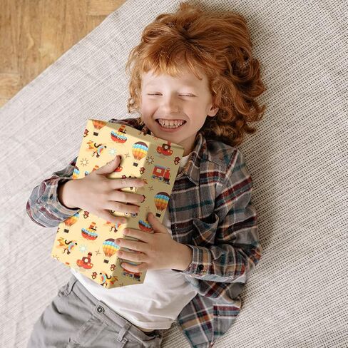 Geluode Birthday Wrapping Paper for Boys Men Kids, Cartoon Car Boat Train Hot Air Balloon Plane Transport Brown Wrapping Paper 4 Sheets 20x28 Inches Per Sheet in Saudi Arabia