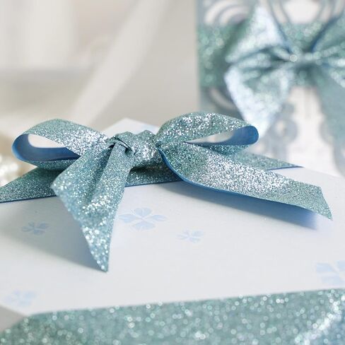MEEDEE Blue Glitter Ribbon Cut Edge Ribbon 3/8 Inch X 25 Yards Turquoise Blue Metallic Glitter Ribbon for Card Making Thin Ribbon for Gift Wrapping Metallic Fabric Ribbon Winter Christmas Decorations in Kuwait