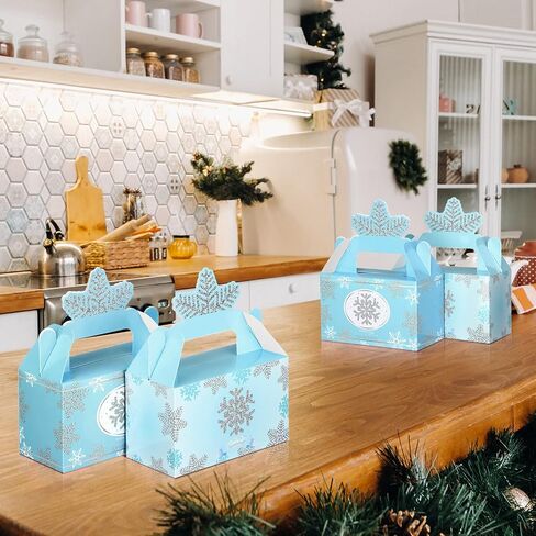 12 Pcs Wonderland Party Favor Box Winter Gable Boxes Snowflake Treat Boxes Birthday Box Paper Goodie Boxes Gift Box for Wonderland Birthday Winter Holidays Baby Shower Weddings Decorations (Blue) in Kuwait