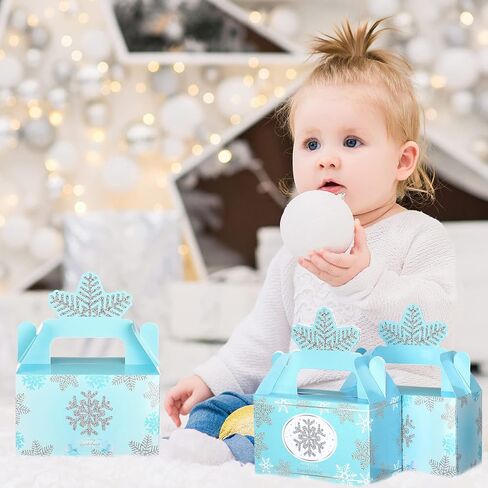 12 Pcs Wonderland Party Favor Box Winter Gable Boxes Snowflake Treat Boxes Birthday Box Paper Goodie Boxes Gift Box for Wonderland Birthday Winter Holidays Baby Shower Weddings Decorations (Blue) in Kuwait