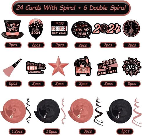 30 قطعة من ديكورات السنة الجديدة السعيدة من كويموي، ديكورات السنة الجديدة السعيدة 2024، شرائط العد التنازلي للعام الجديد باللون الذهبي الوردي والاسود لحفلات ليلة رأس السنة in Kuwait