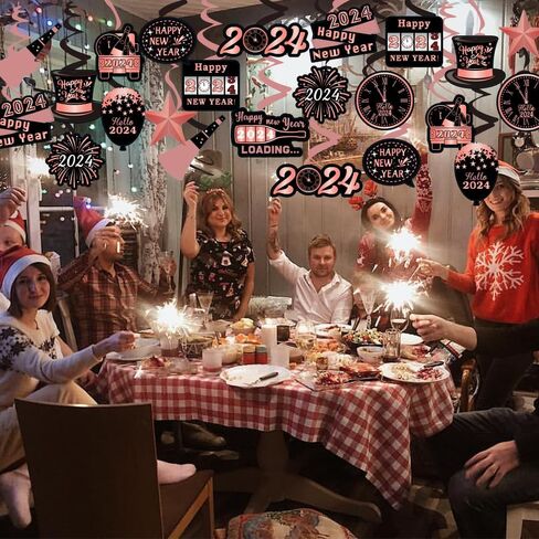 30 قطعة من ديكورات السنة الجديدة السعيدة من كويموي، ديكورات السنة الجديدة السعيدة 2024، شرائط العد التنازلي للعام الجديد باللون الذهبي الوردي والاسود لحفلات ليلة رأس السنة in Kuwait
