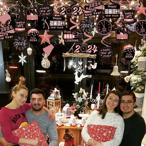 30 قطعة من ديكورات السنة الجديدة السعيدة من كويموي، ديكورات السنة الجديدة السعيدة 2024، شرائط العد التنازلي للعام الجديد باللون الذهبي الوردي والاسود لحفلات ليلة رأس السنة in Kuwait