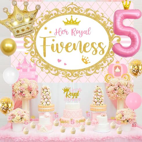 Sursurprise 5th Birthday Decorations for Girl Her Royal Fiveness Birthday Backdrop Cake Topper Sash Crown Balloons for Princess 5 Years Old Birthday Party Supplies in Saudi Arabia