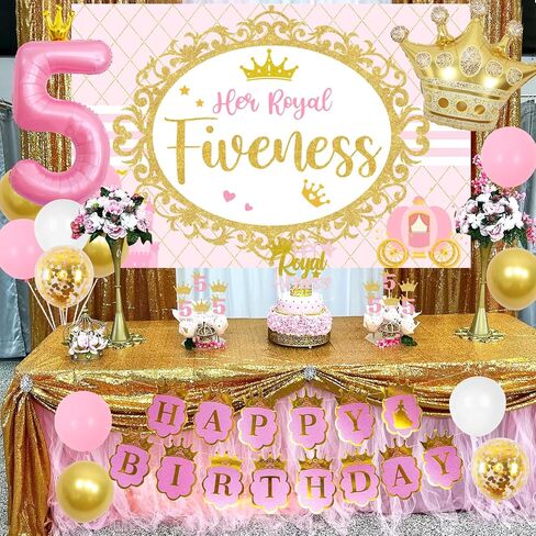 Sursurprise 5th Birthday Decorations for Girl Her Royal Fiveness Birthday Backdrop Cake Topper Sash Crown Balloons for Princess 5 Years Old Birthday Party Supplies in Saudi Arabia