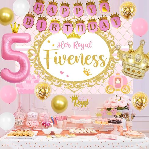 Sursurprise 5th Birthday Decorations for Girl Her Royal Fiveness Birthday Backdrop Cake Topper Sash Crown Balloons for Princess 5 Years Old Birthday Party Supplies in Saudi Arabia