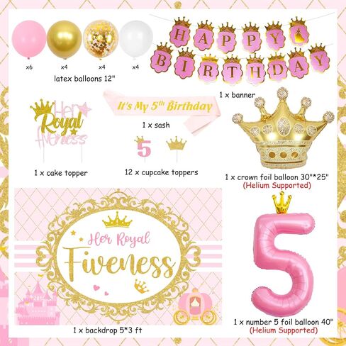 Sursurprise 5th Birthday Decorations for Girl Her Royal Fiveness Birthday Backdrop Cake Topper Sash Crown Balloons for Princess 5 Years Old Birthday Party Supplies in Saudi Arabia