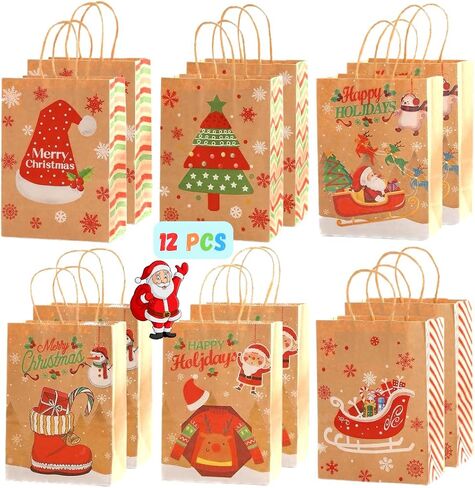 Large Christmas Gift Bags - Pack of 12 Christmas Gift Bags - 6 Unique Designs, 2 bags of each design, Large Size (10.6 x 4.3 x 8.2 inches) - Perfect for Holiday Gifting in Saudi Arabia
