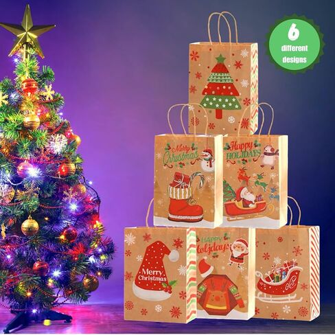 Large Christmas Gift Bags - Pack of 12 Christmas Gift Bags - 6 Unique Designs, 2 bags of each design, Large Size (10.6 x 4.3 x 8.2 inches) - Perfect for Holiday Gifting in Saudi Arabia