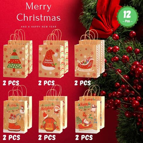 Large Christmas Gift Bags - Pack of 12 Christmas Gift Bags - 6 Unique Designs, 2 bags of each design, Large Size (10.6 x 4.3 x 8.2 inches) - Perfect for Holiday Gifting in Saudi Arabia