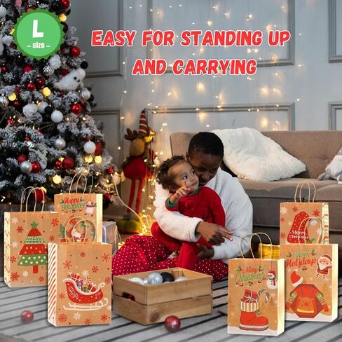 Large Christmas Gift Bags - Pack of 12 Christmas Gift Bags - 6 Unique Designs, 2 bags of each design, Large Size (10.6 x 4.3 x 8.2 inches) - Perfect for Holiday Gifting in Saudi Arabia