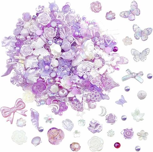 Kukiwhy 350 PCS 3D Resin ABS Colorful Rose Flower Bows Butterfly Charms with Flatback Half Round Pearl Beads for Bracelet Earring Necklace Craft DIY Making Supplies (Purple) in Kuwait