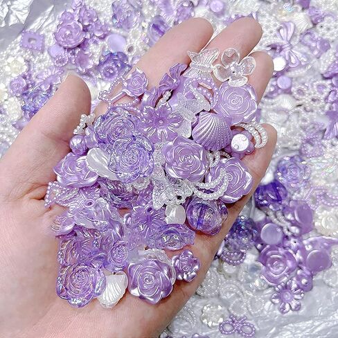 Kukiwhy 350 PCS 3D Resin ABS Colorful Rose Flower Bows Butterfly Charms with Flatback Half Round Pearl Beads for Bracelet Earring Necklace Craft DIY Making Supplies (Purple) in Kuwait