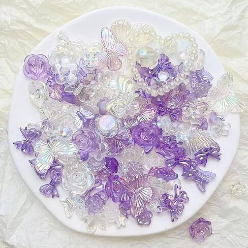 Kukiwhy 350 PCS 3D Resin ABS Colorful Rose Flower Bows Butterfly Charms with Flatback Half Round Pearl Beads for Bracelet Earring Necklace Craft DIY Making Supplies (Purple) in Kuwait