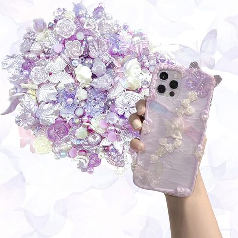 Kukiwhy 350 PCS 3D Resin ABS Colorful Rose Flower Bows Butterfly Charms with Flatback Half Round Pearl Beads for Bracelet Earring Necklace Craft DIY Making Supplies (Purple) in Kuwait