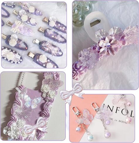 Kukiwhy 350 PCS 3D Resin ABS Colorful Rose Flower Bows Butterfly Charms with Flatback Half Round Pearl Beads for Bracelet Earring Necklace Craft DIY Making Supplies (Purple) in Kuwait