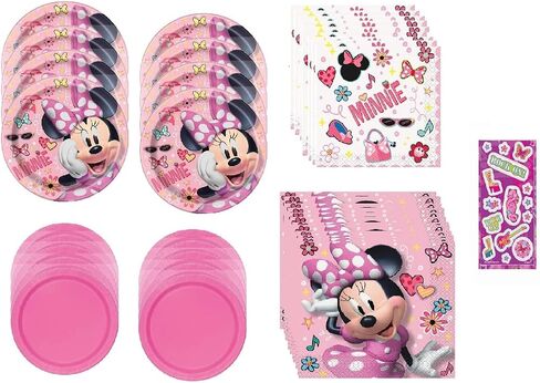 Minnie Birthday Party Supplies Bundle Pack includes 16 Lunch Dinner Plates, 16 Hot Pink Dessert Cake Plates, 16 Beverage Cake Napkins, 16 Lunch Dinner Napkins in Saudi Arabia