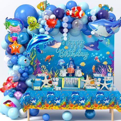 KELENO 138 Under the Sea Party Decorations Ocean Birthday Supplies Animal Blue Balloons Garland Arch Kit Backdrop Tablecloth Kid Boy Baby Shower Pool Beach Party Ocean Themed Party Decorations in Kuwait