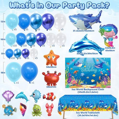 KELENO 138 Under the Sea Party Decorations Ocean Birthday Supplies Animal Blue Balloons Garland Arch Kit Backdrop Tablecloth Kid Boy Baby Shower Pool Beach Party Ocean Themed Party Decorations in Kuwait