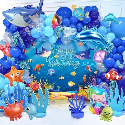 KELENO 138 Under the Sea Party Decorations Ocean Birthday Supplies Animal Blue Balloons Garland Arch Kit Backdrop Tablecloth Kid Boy Baby Shower Pool Beach Party Ocean Themed Party Decorations in Kuwait