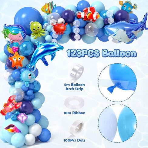 KELENO 138 Under the Sea Party Decorations Ocean Birthday Supplies Animal Blue Balloons Garland Arch Kit Backdrop Tablecloth Kid Boy Baby Shower Pool Beach Party Ocean Themed Party Decorations in Kuwait
