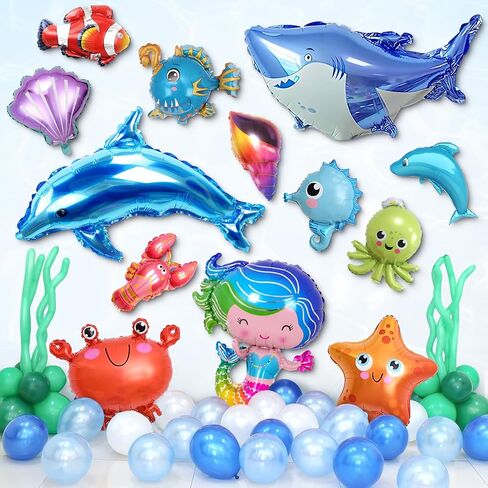 KELENO 138 Under the Sea Party Decorations Ocean Birthday Supplies Animal Blue Balloons Garland Arch Kit Backdrop Tablecloth Kid Boy Baby Shower Pool Beach Party Ocean Themed Party Decorations in Kuwait
