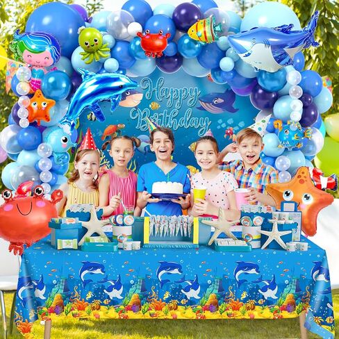 KELENO 138 Under the Sea Party Decorations Ocean Birthday Supplies Animal Blue Balloons Garland Arch Kit Backdrop Tablecloth Kid Boy Baby Shower Pool Beach Party Ocean Themed Party Decorations in Kuwait