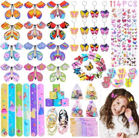 114 قطعة من هدايا الحفلات على شكل فراشة للبنات، هدايا الحفلات لعيد ميلاد الاطفال، فراشة طائرة سحرية، مشبك شعر، سوار وسوار وسوار سلسلة مفاتيح وخاتم فراشة، لوازم حفلات هدية للبنات in Kuwait