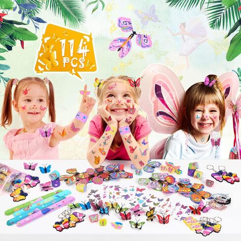 114 قطعة من هدايا الحفلات على شكل فراشة للبنات، هدايا الحفلات لعيد ميلاد الاطفال، فراشة طائرة سحرية، مشبك شعر، سوار وسوار وسوار سلسلة مفاتيح وخاتم فراشة، لوازم حفلات هدية للبنات in Kuwait