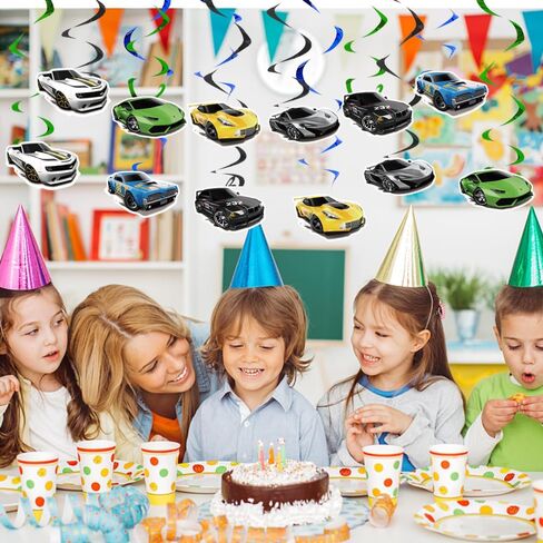 لوازم الحفلات ذات عجلات السيارة الساخنة من ADRICH، 12 * دوامات معلقة لديكورات أعياد ميلاد السيارة الساخنة، والأطفال الأولاد والبنات لديكورات حفلات أعياد الميلاد، موضوع سعيد. in Kuwait