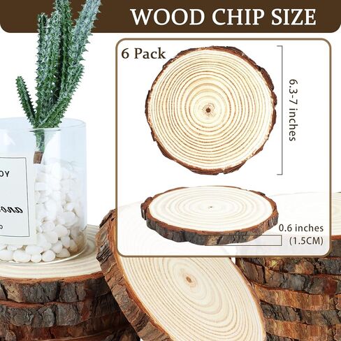 اف اس دبليو سي سي كيه 6 قطع من شرائح الخشب غير المكتملة، دائرة خشبية مستديرة 6.3-7 انش مع لحاء شجرة، قطع مركزية خشبية ريفية كبيرة لتزيين طاولة الزفاف والحرف اليدوية in Kuwait