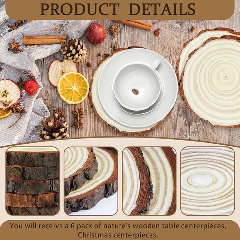 اف اس دبليو سي سي كيه 6 قطع من شرائح الخشب غير المكتملة، دائرة خشبية مستديرة 6.3-7 انش مع لحاء شجرة، قطع مركزية خشبية ريفية كبيرة لتزيين طاولة الزفاف والحرف اليدوية in Kuwait