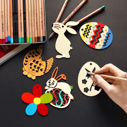 Toyvian 48 Pieces Easter Crafts Wooden Ornaments Unfinished Crafts Hanging Embellishments Crafts for Kids Easter Party Supplies DIY Decor in Kuwait