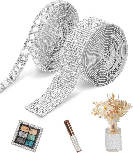 شريط ألماس من حجر الراين الكريستالي ذاتي اللصق بطول 4.4 ياردة، ملصقات شريطية من الألماس الفضي اللامع للحرف الفنية، نمطان من الملابس المصنوعة من أحجار الراين الكريستالية DIY، والهاتف، والحقيبة، وديكور السيارة (كرتان) in Kuwait