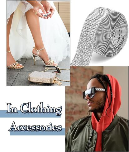 شريط ألماس من حجر الراين الكريستالي ذاتي اللصق بطول 4.4 ياردة، ملصقات شريطية من الألماس الفضي اللامع للحرف الفنية، نمطان من الملابس المصنوعة من أحجار الراين الكريستالية DIY، والهاتف، والحقيبة، وديكور السيارة (كرتان) in Kuwait