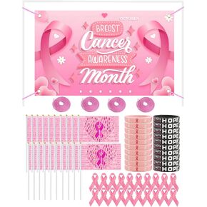 AILAIKE 65PCS Breast Cancer Awareness,Flag, Pins, Hand Flags, Wristbands,Pink Ribbon Awareness Day Kit in Saudi Arabia