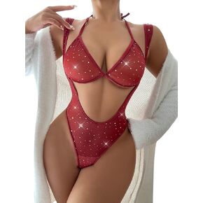 ملابس داخلية نسائية من SweatyRocks بتصميم عميق على شكل V Teddy من الدانتيل وملابس داخلية شبكية وحمالة صدر قطعتين in Kuwait